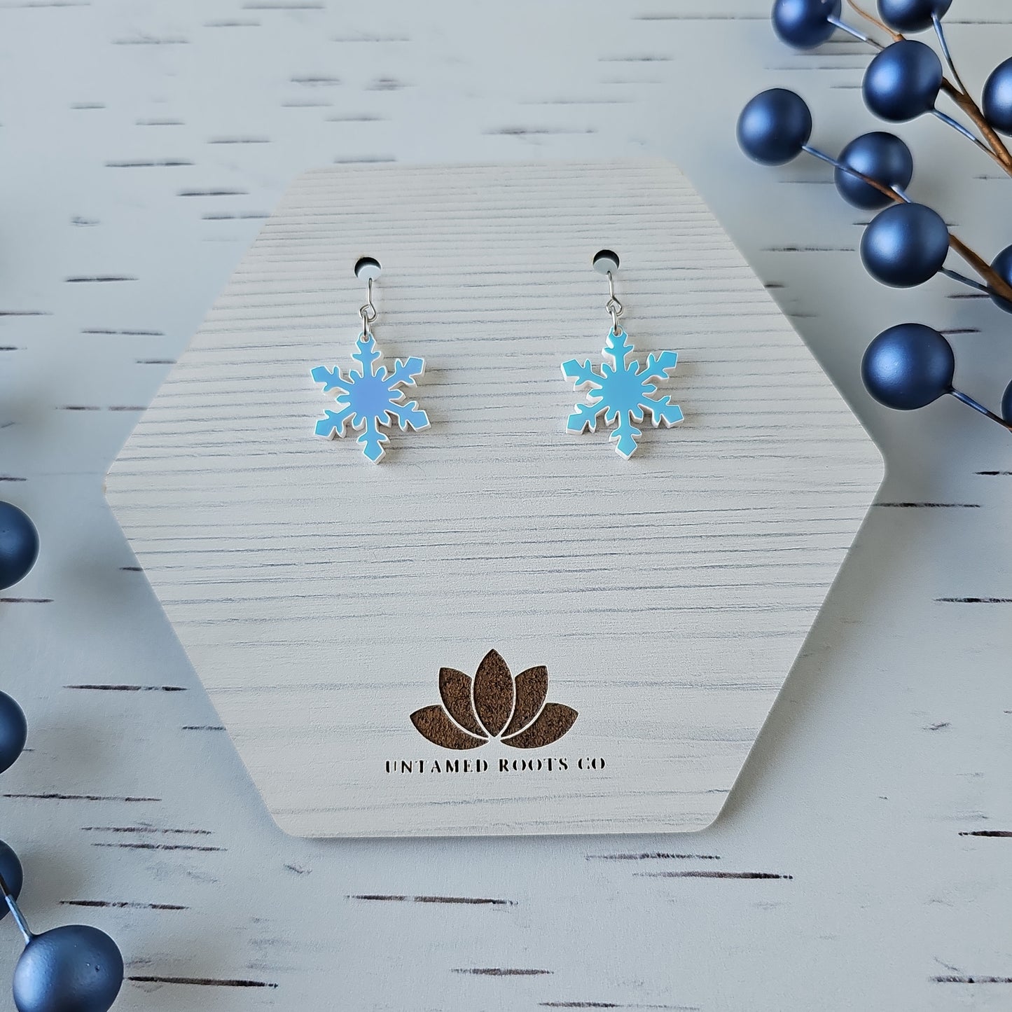 Blue Iridescent Snowflake Earrings
