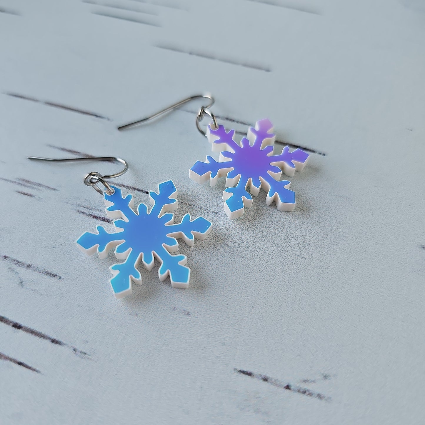 Blue Iridescent Snowflake Earrings