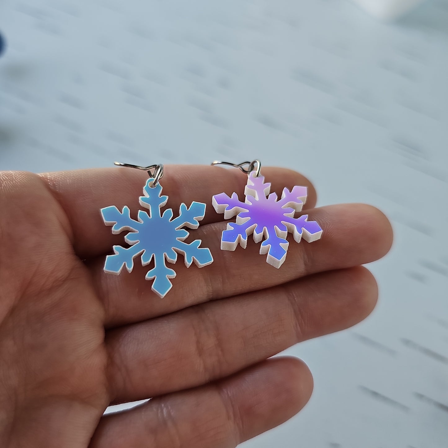 Blue Iridescent Snowflake Earrings