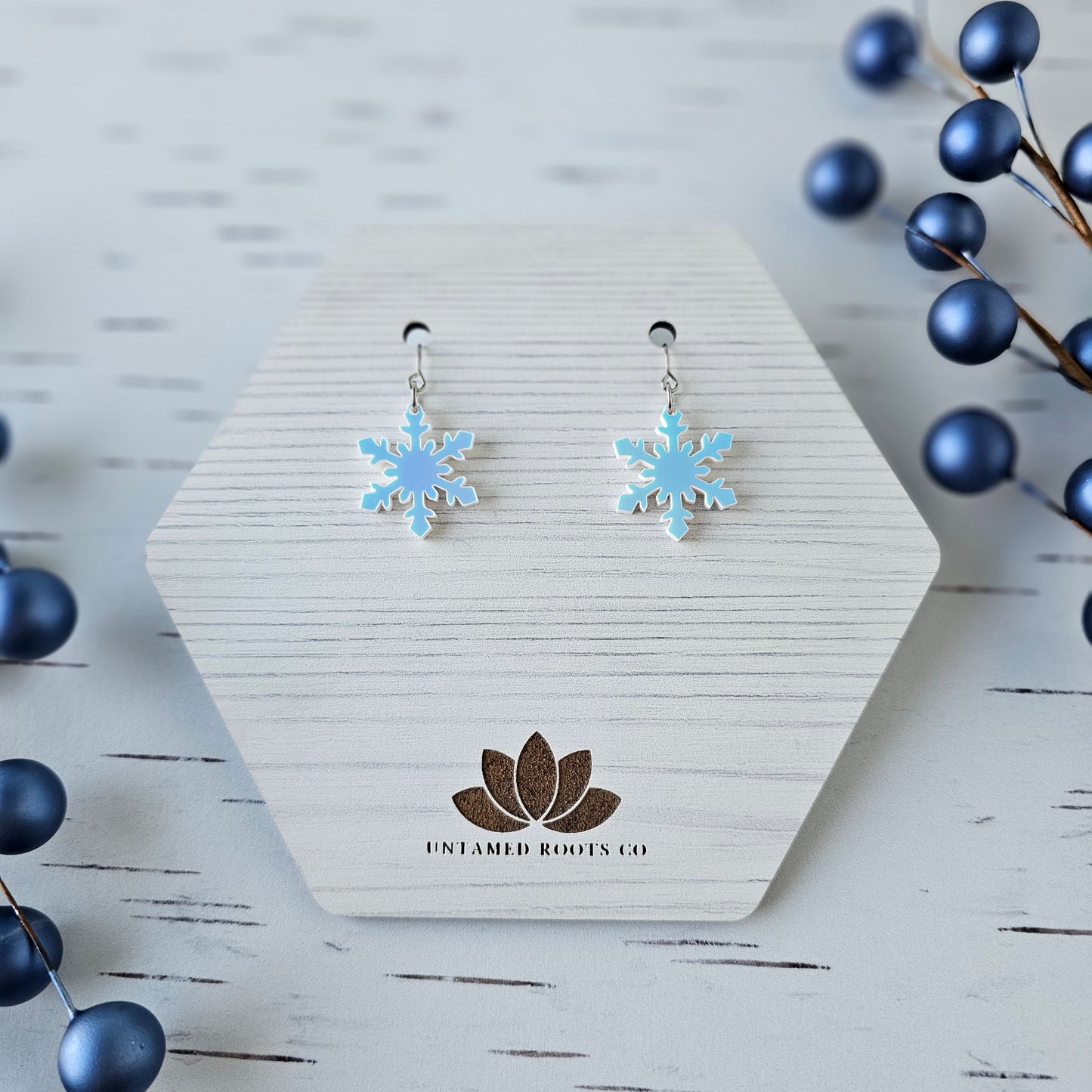 Blue Iridescent Snowflake Earrings