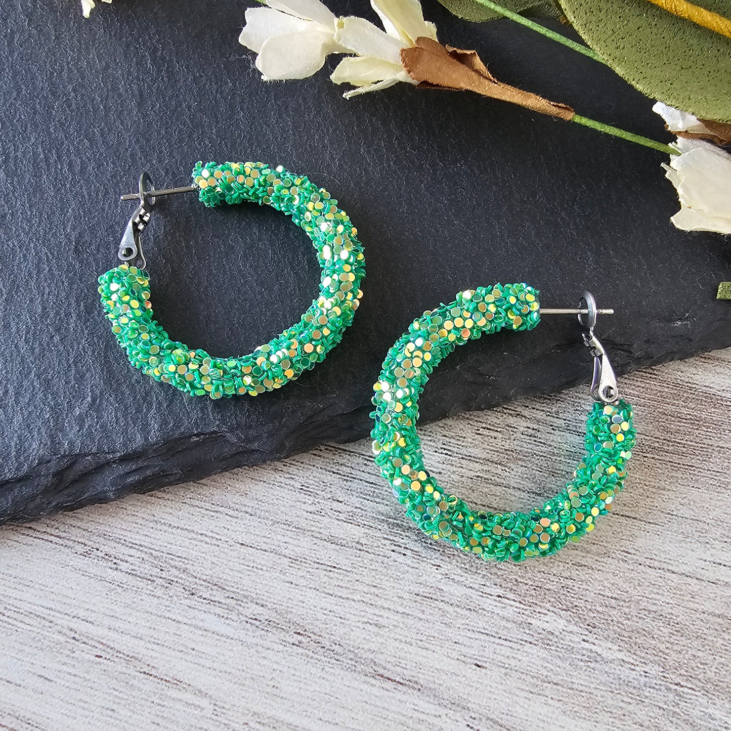 Green Glitter Hoops
