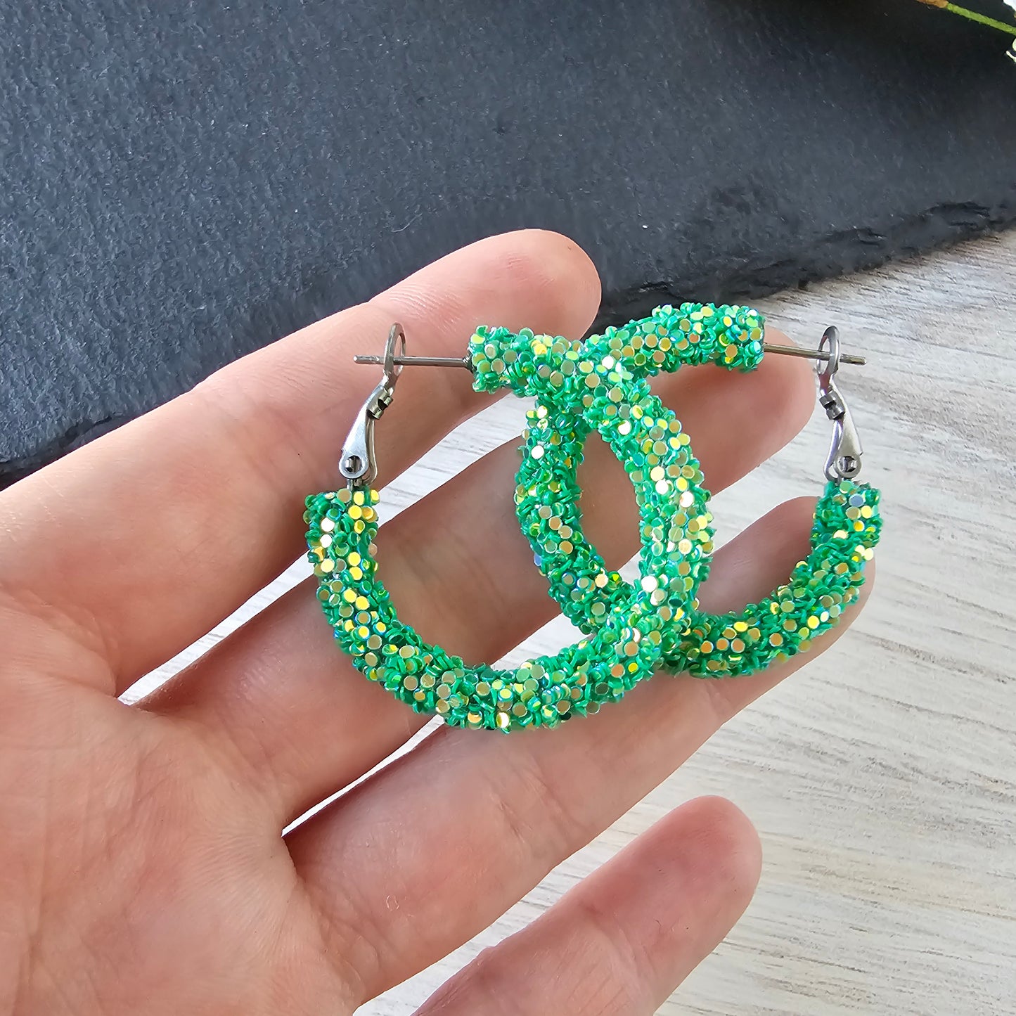 Green Glitter Hoops