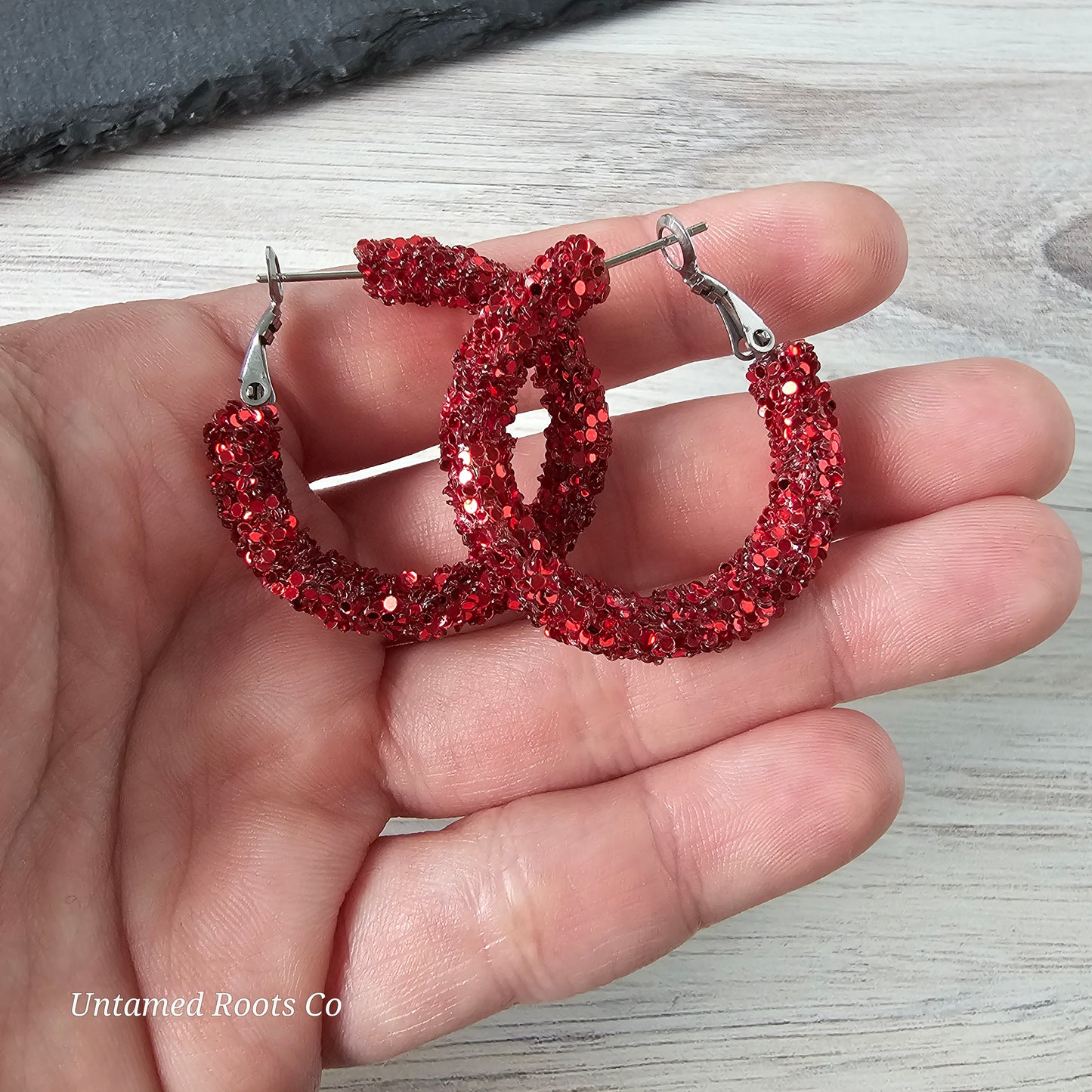 Dark Red Glitter Hoops
