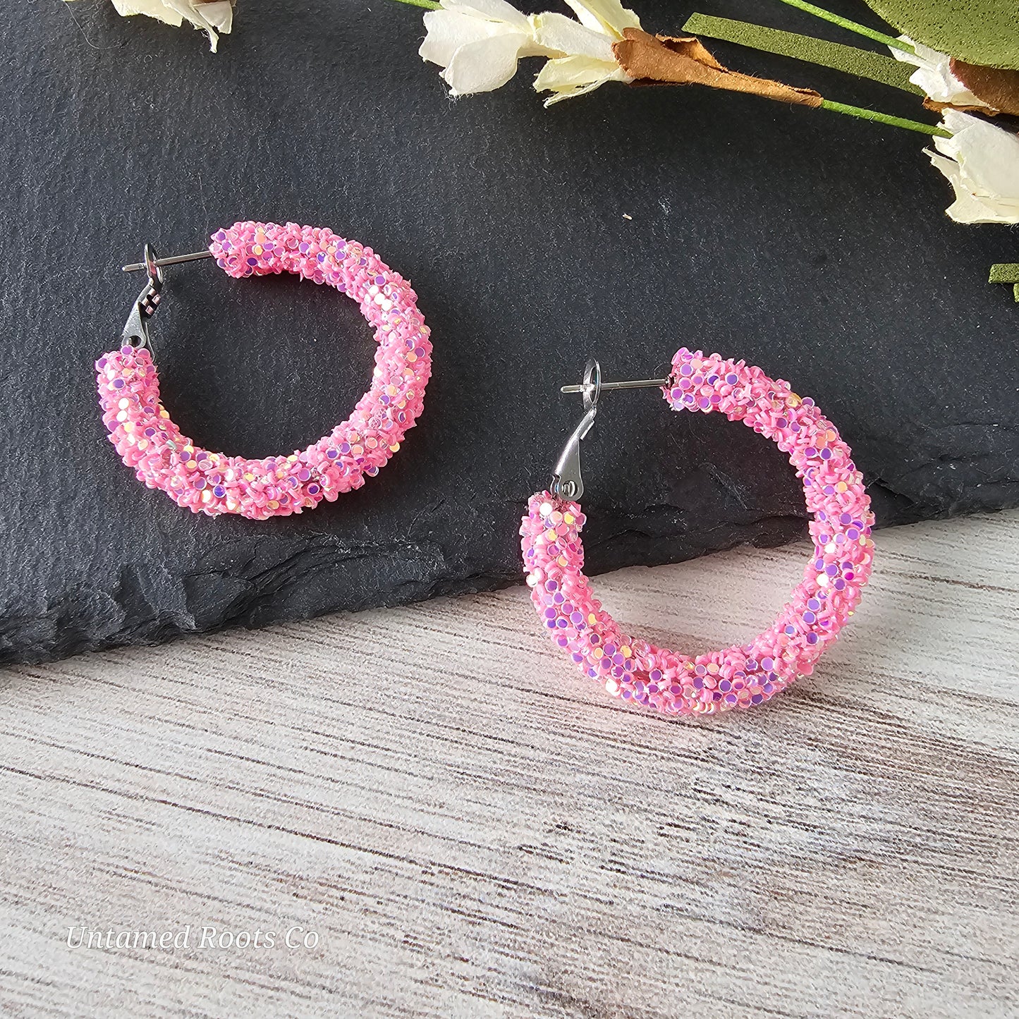 Bubblegum Pink Glitter Hoops