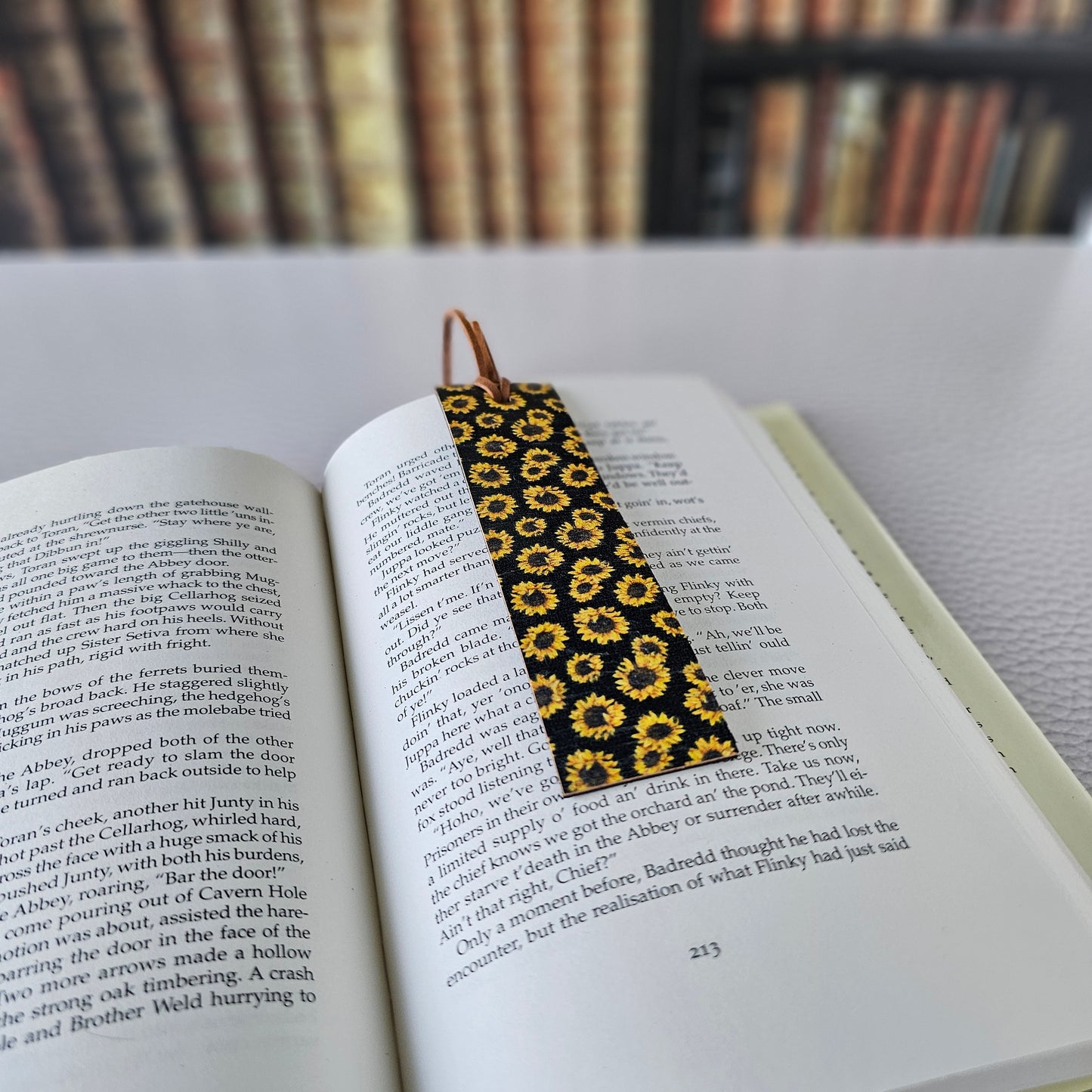 Black Sunflowers Leather Bookmark