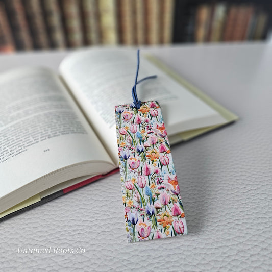 Bright Tulips Leather Bookmark