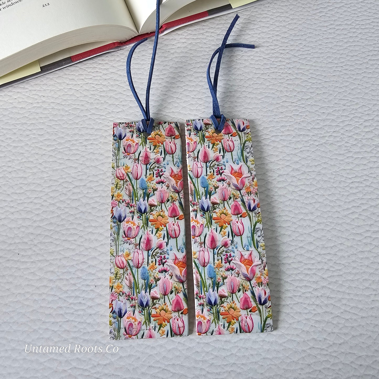 Bright Tulips Leather Bookmark
