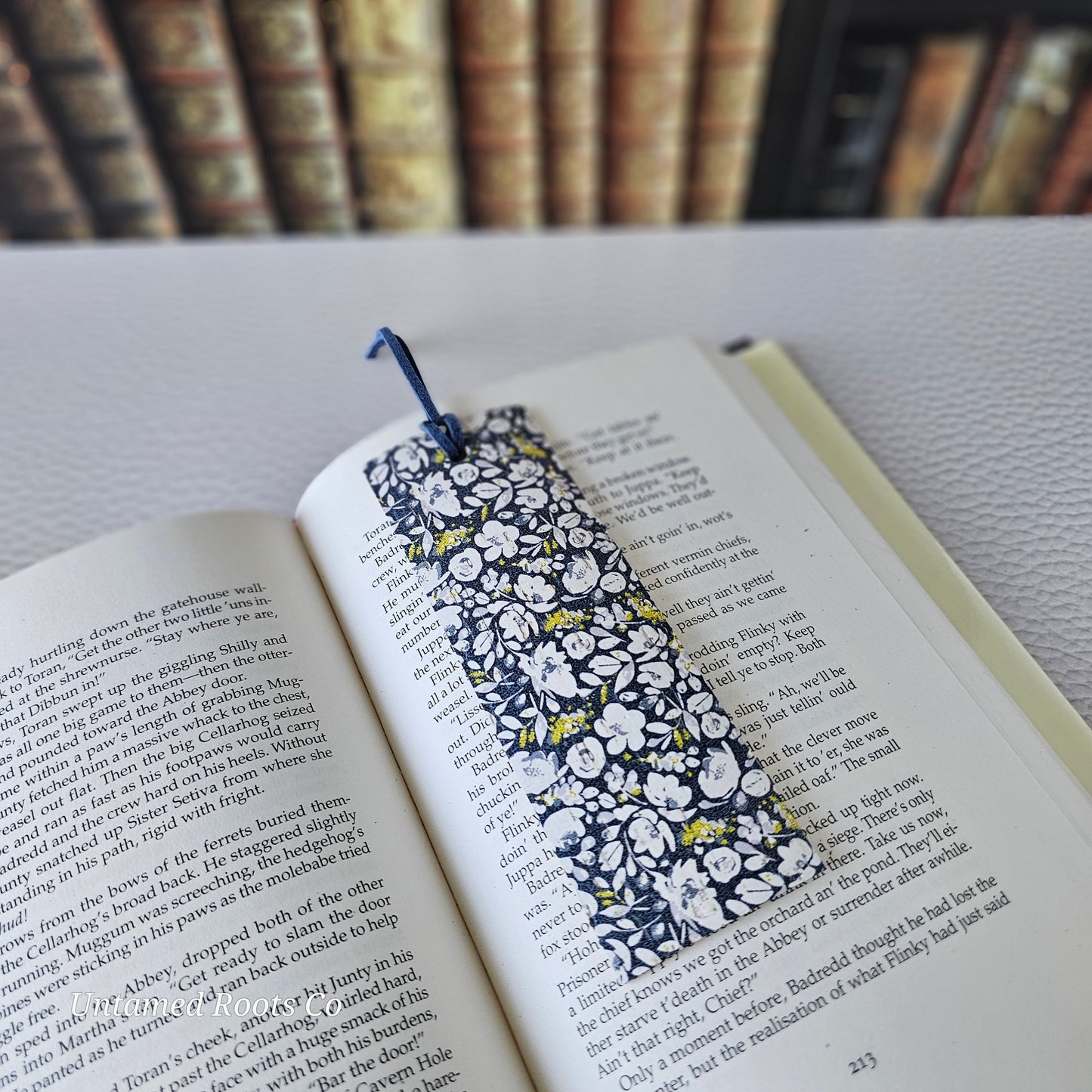 Navy Floral Leather Bookmark