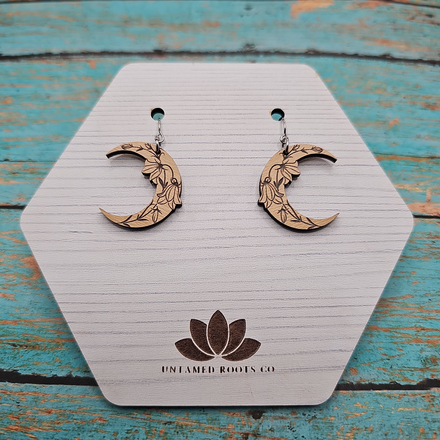 Wooden Floral Moon Earrings