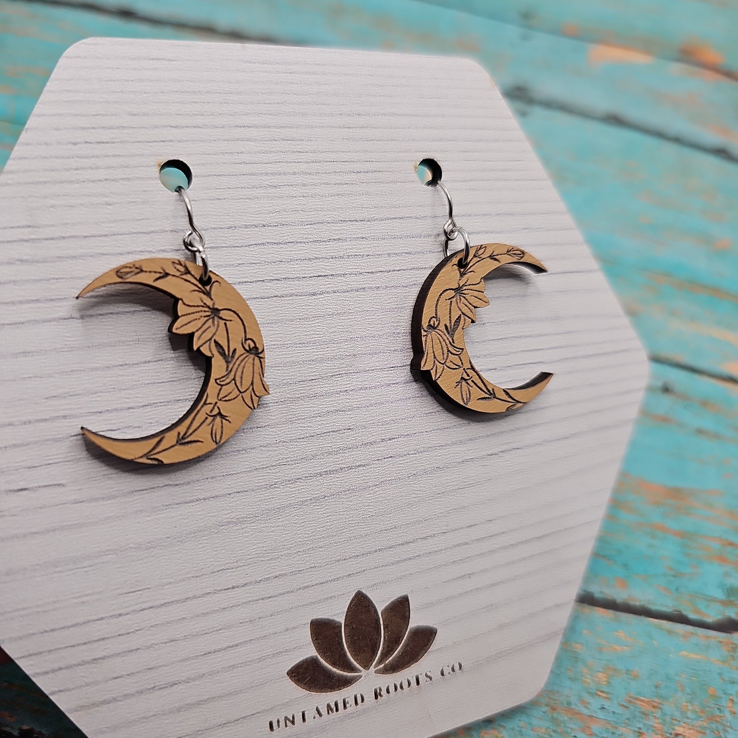 Wooden Floral Moon Earrings