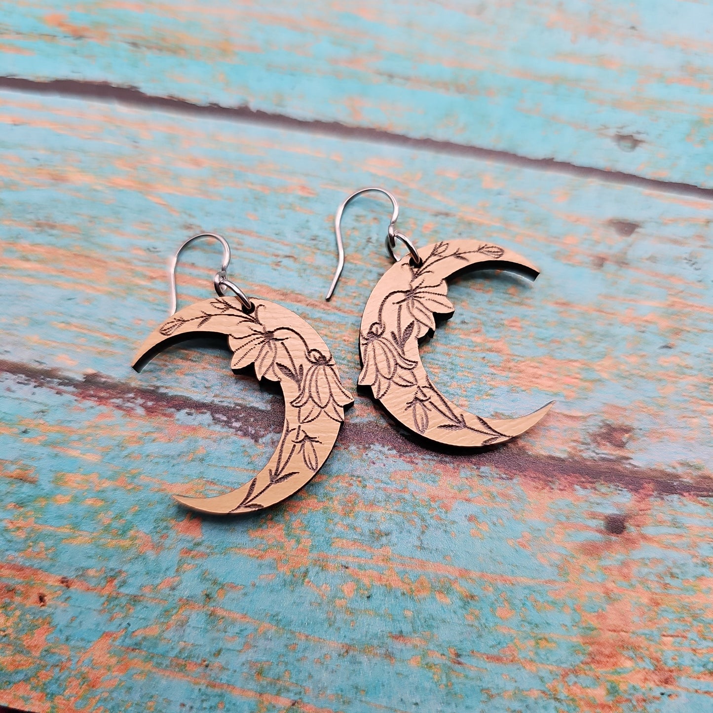 Wooden Floral Moon Earrings