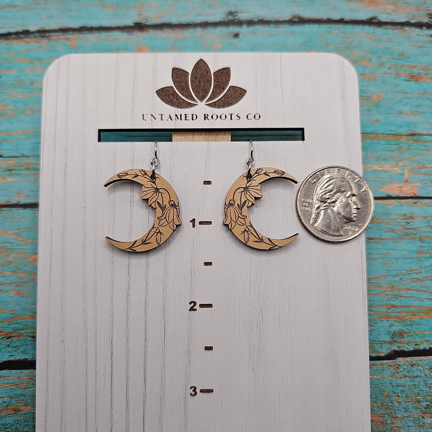 Wooden Floral Moon Earrings