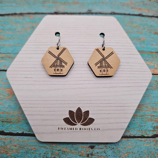 Wooden Dutch Windmill Earrings