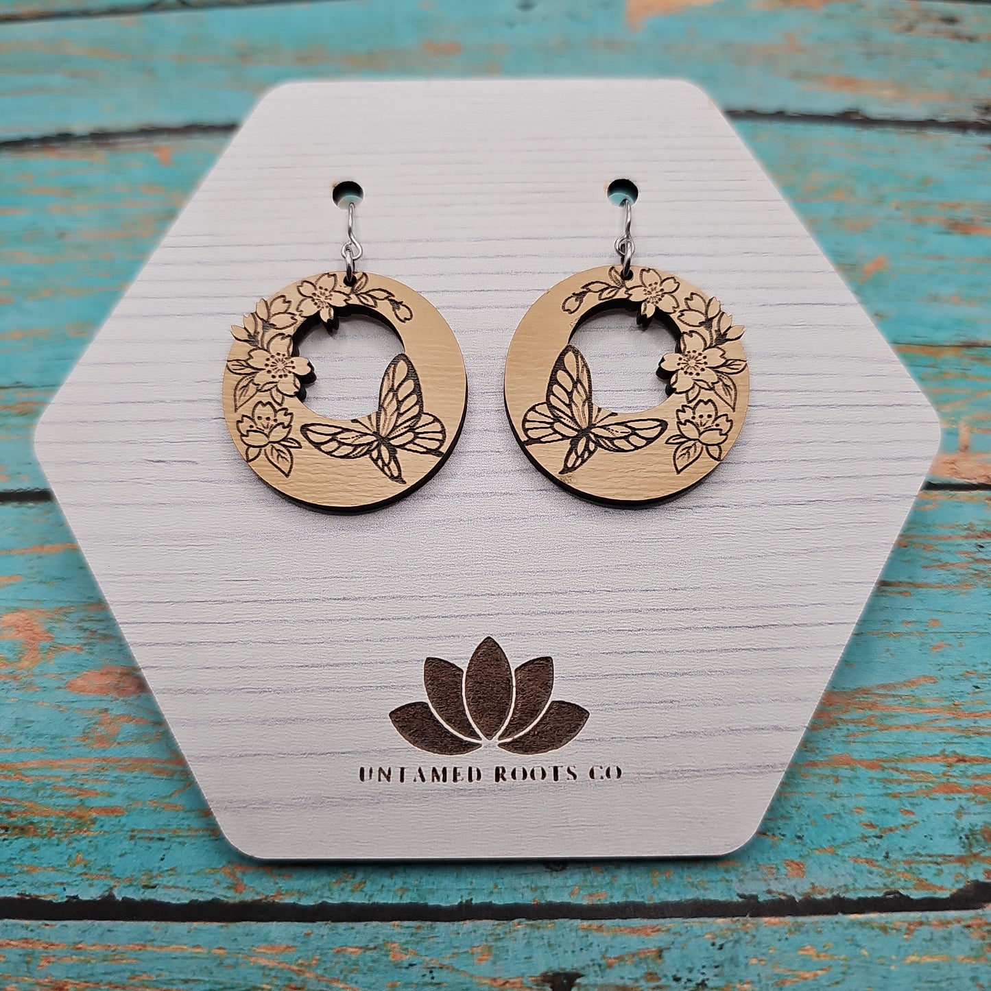 Wooden Floral Butterfly Earrings