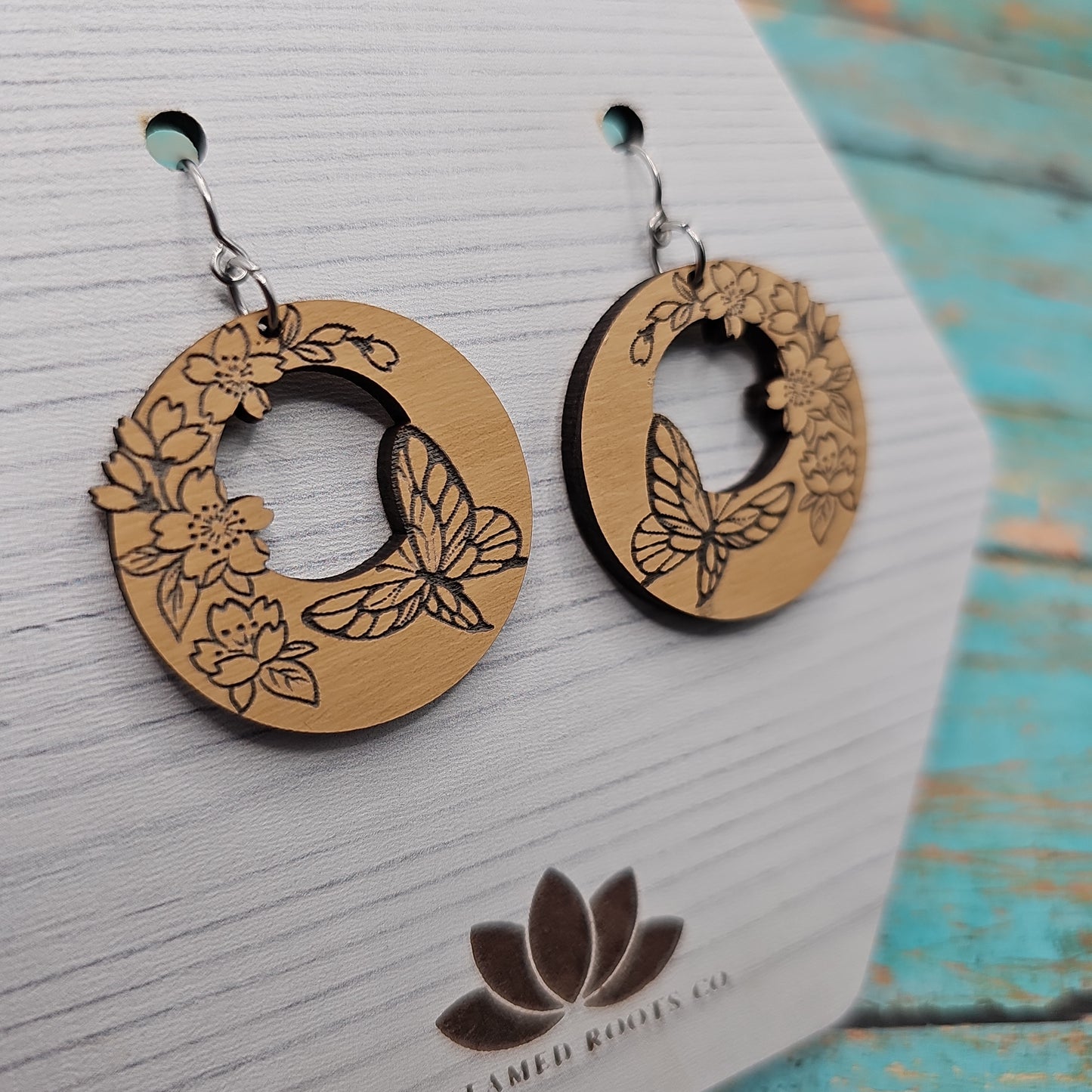 Wooden Floral Butterfly Earrings