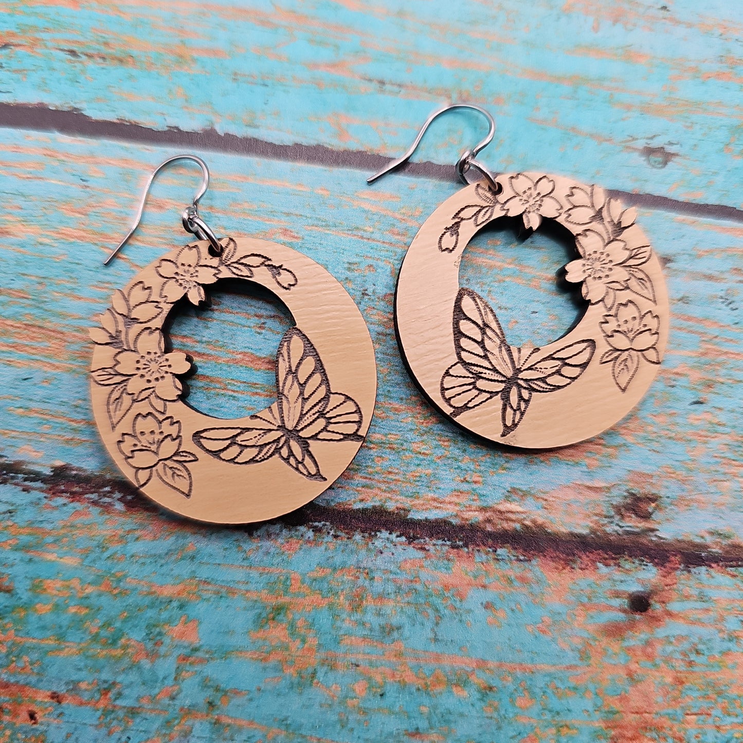 Wooden Floral Butterfly Earrings