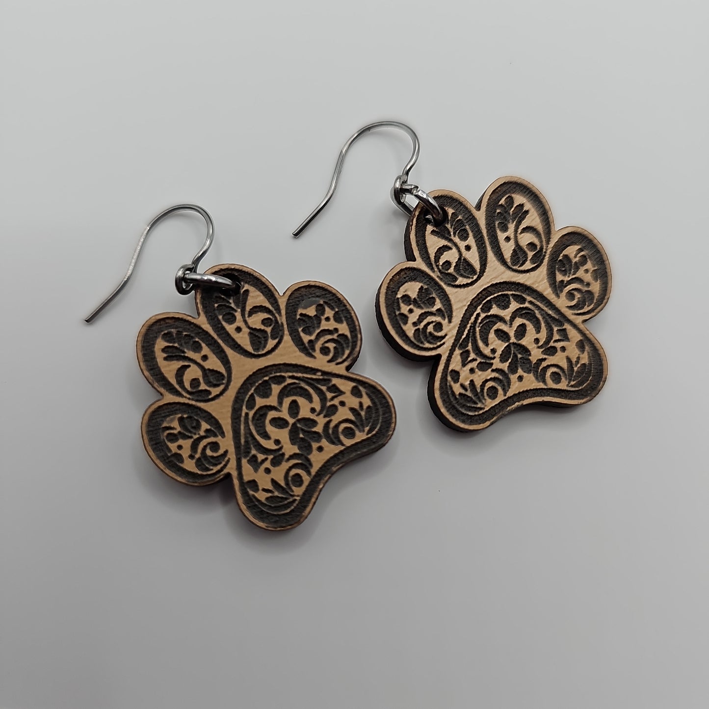 Wooden Paw Print Engraved Earrings