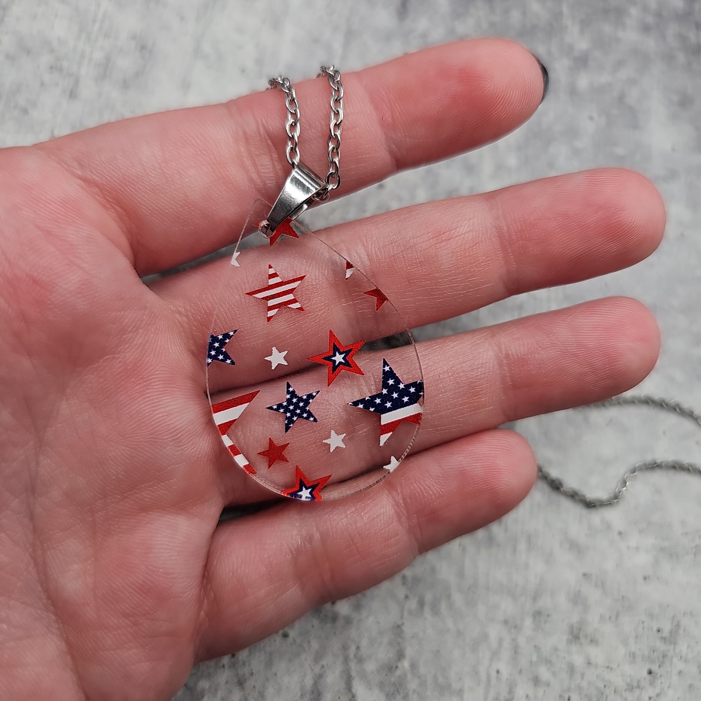 Large Teardrop Patriotic Stars Necklace