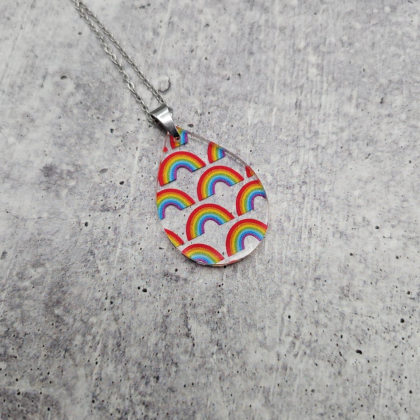 Large Teardrop Rainbow Print Necklace