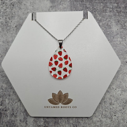 Large Teardrop Strawberry Print Necklace