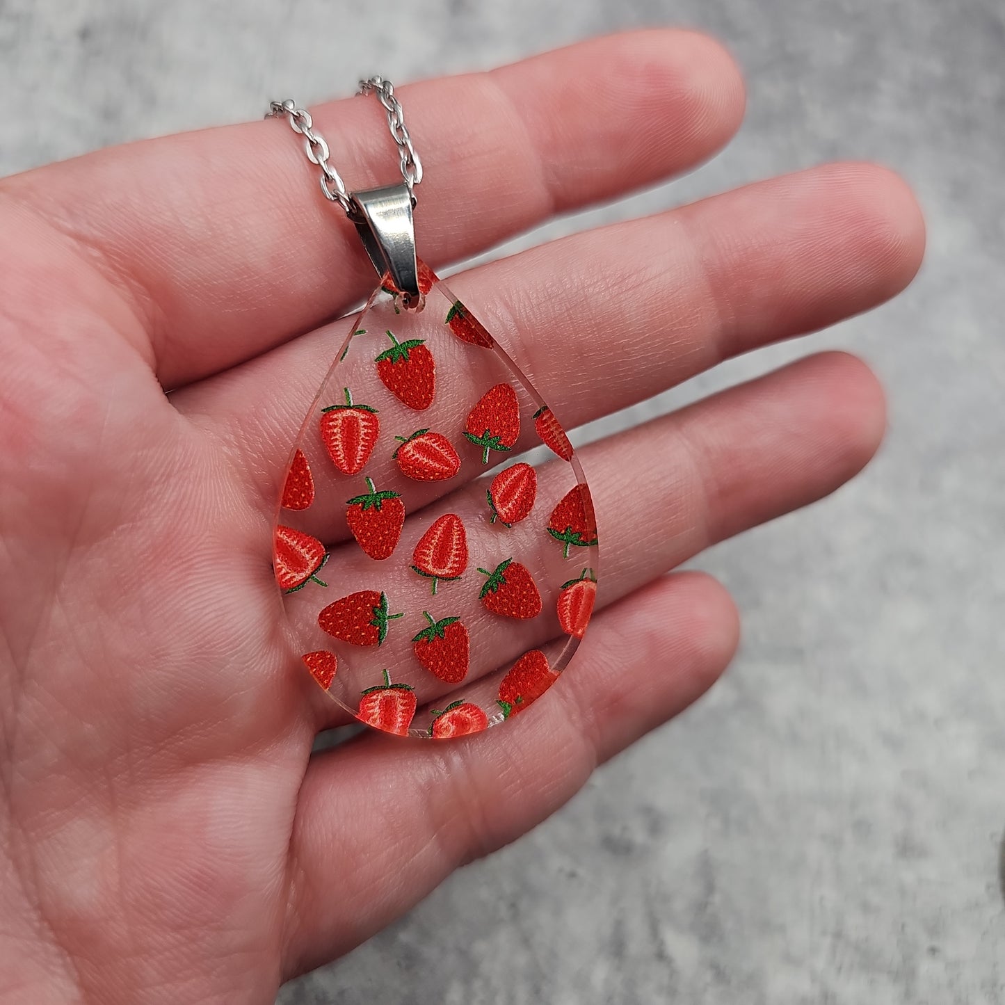 Large Teardrop Strawberry Print Necklace