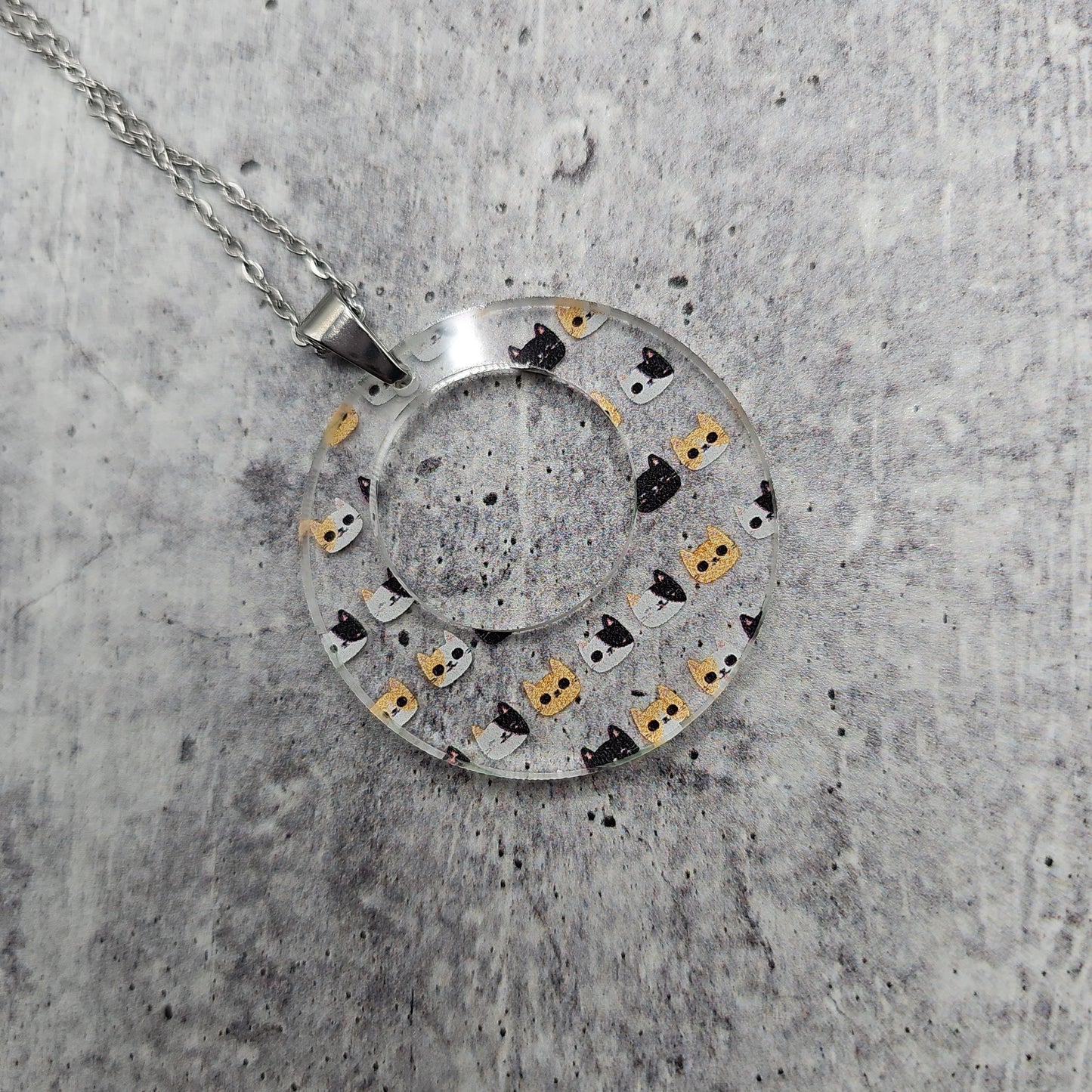 Large Offset Circle Cat Head Print Necklace