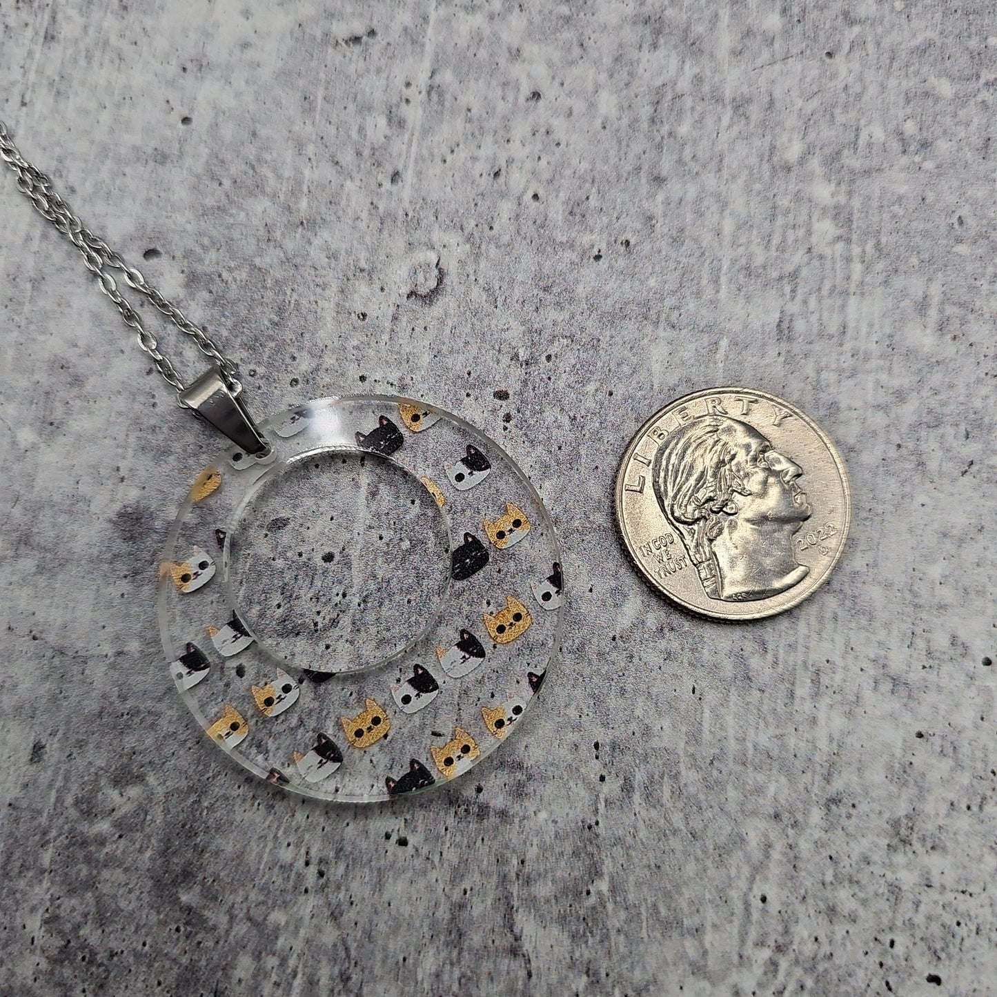 Large Offset Circle Cat Head Print Necklace