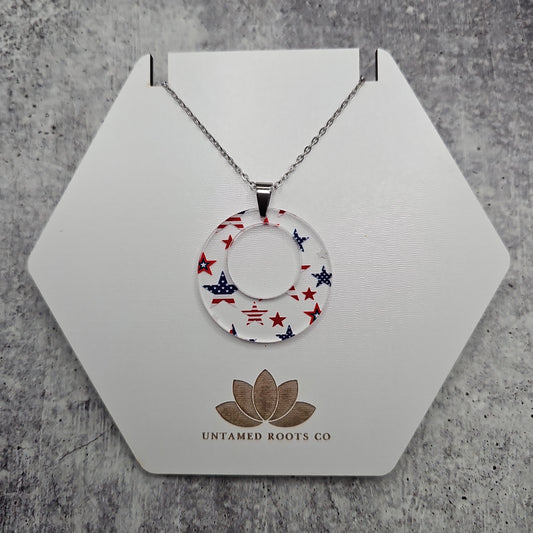 Large Offset Circle Patriotic Stars and Stripes Necklace