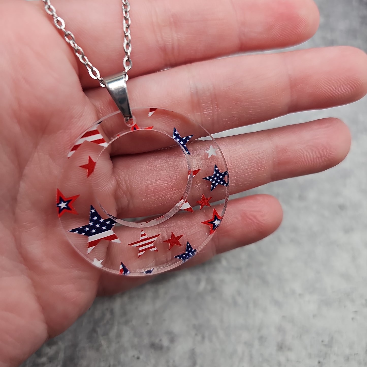 Large Offset Circle Patriotic Stars and Stripes Necklace