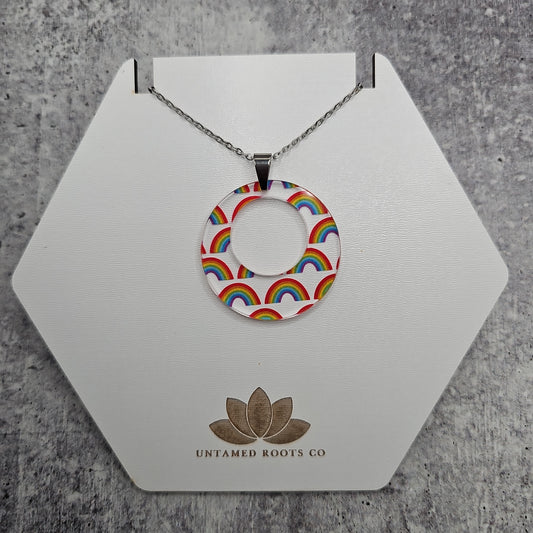 Large Offset Circle Rainbow Print Necklace