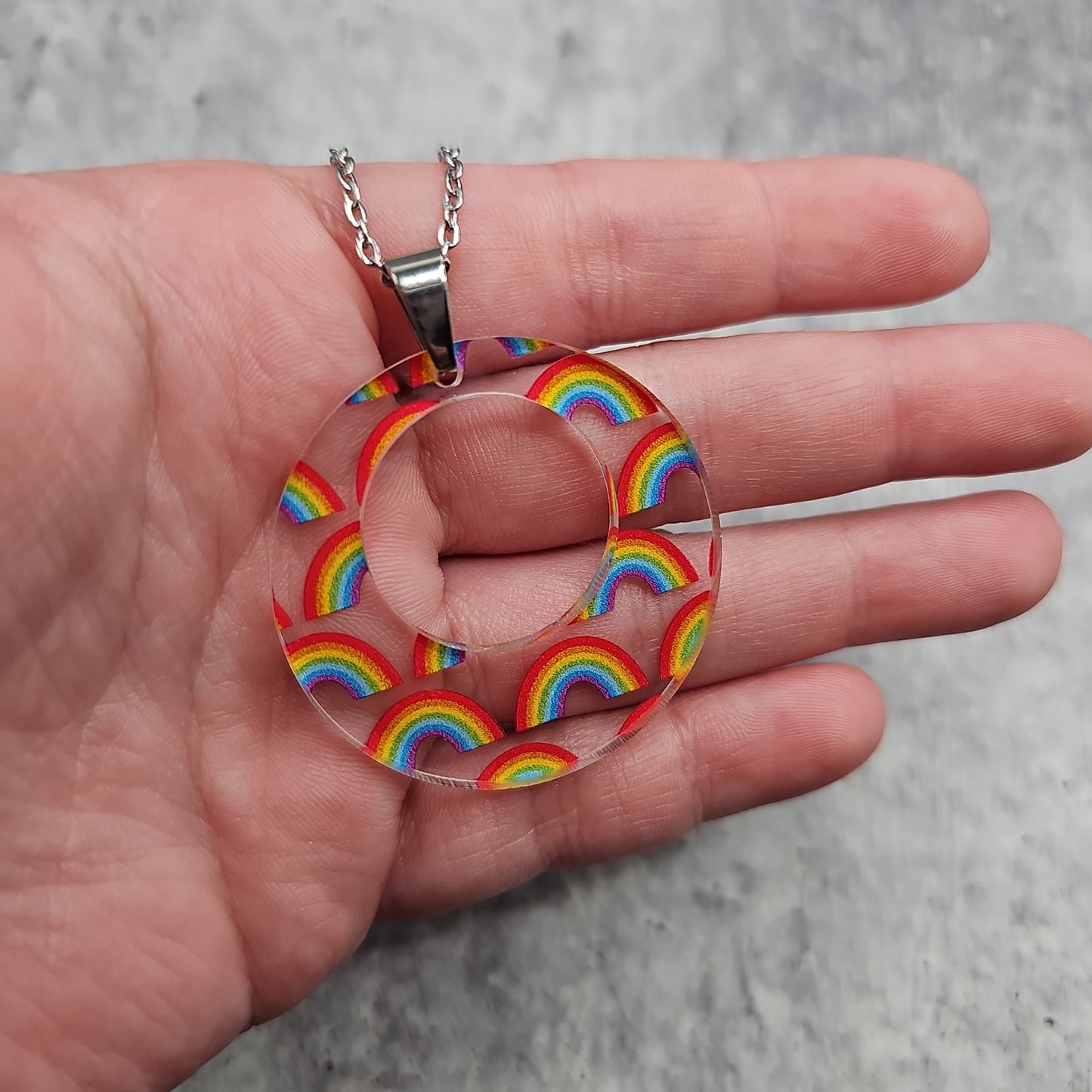 Large Offset Circle Rainbow Print Necklace