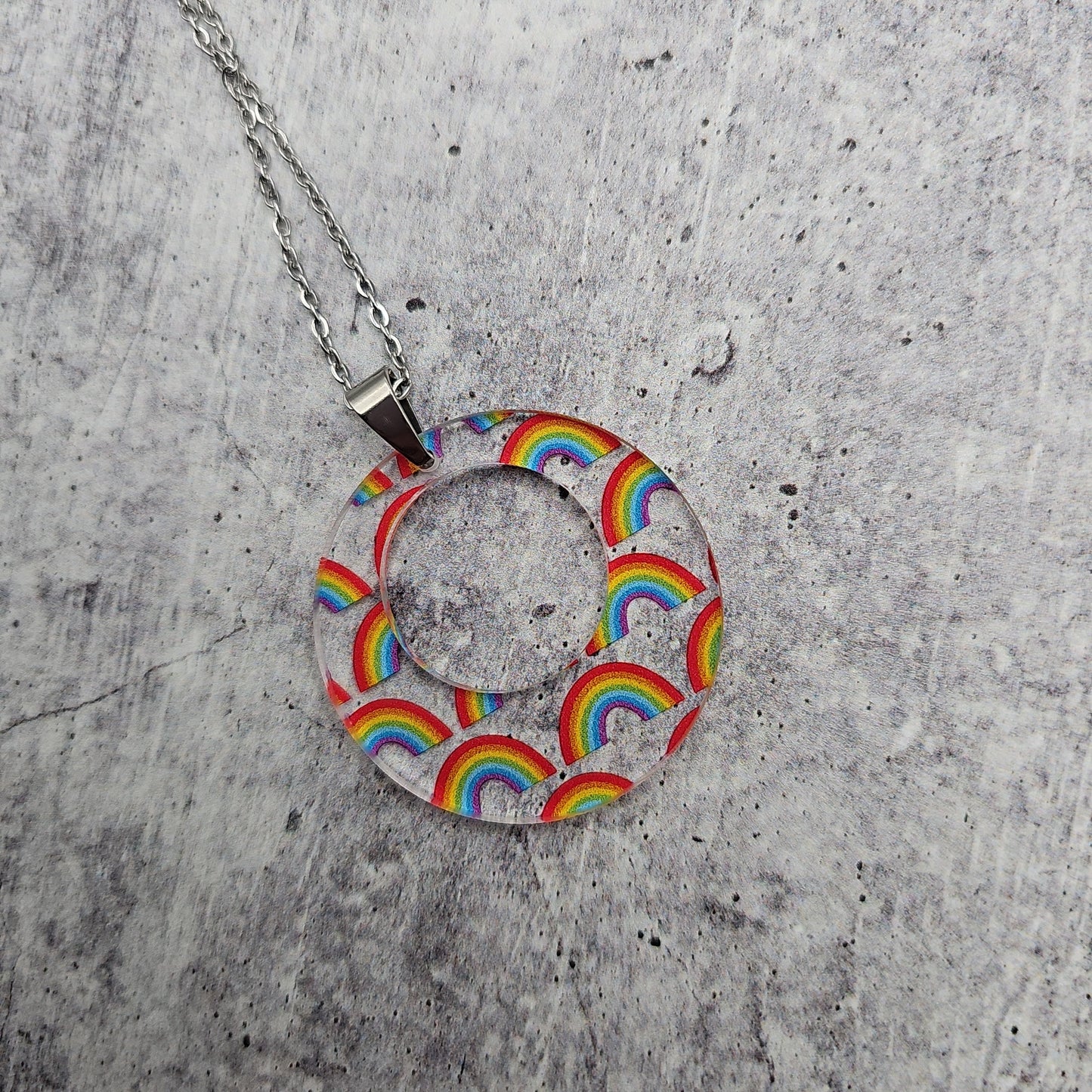 Large Offset Circle Rainbow Print Necklace