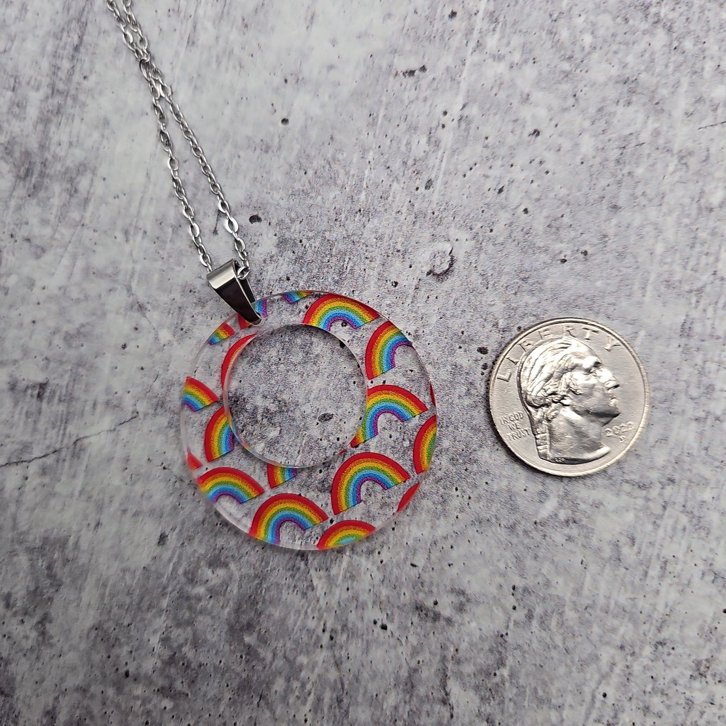 Large Offset Circle Rainbow Print Necklace