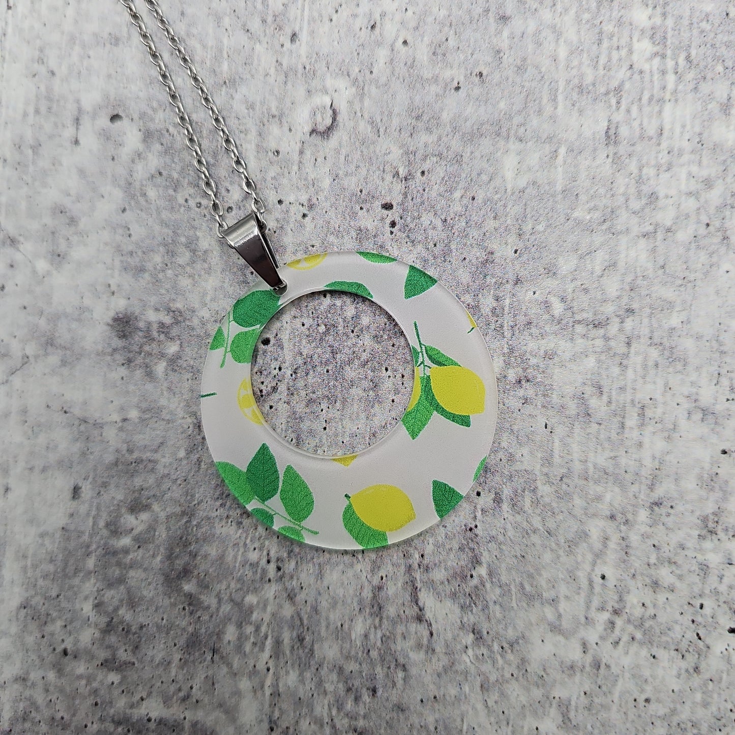 Large Offset Circle Lemon Print Necklace