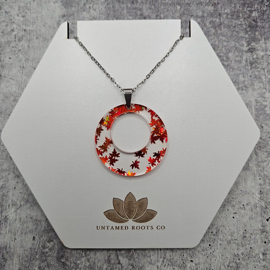 Large Offset Circle Orange Falling Leaves Necklace