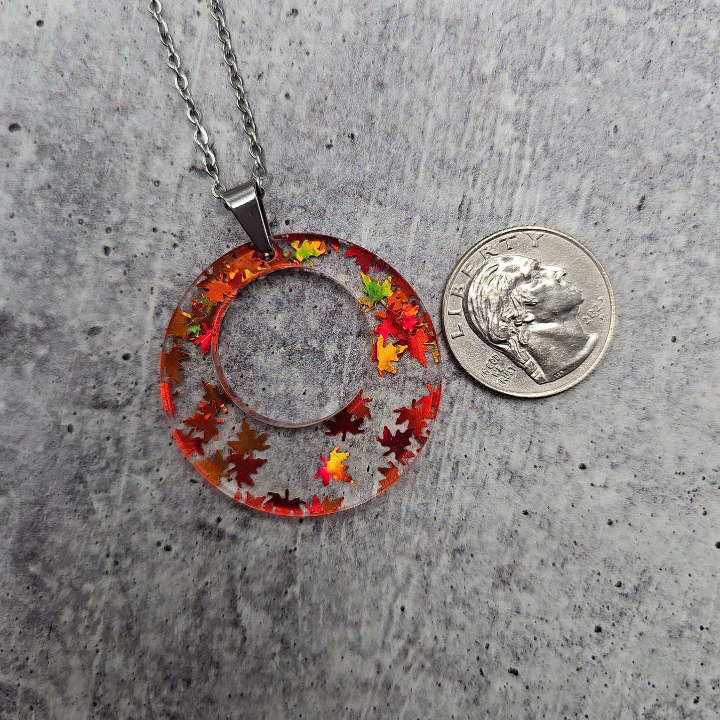 Large Offset Circle Orange Falling Leaves Necklace