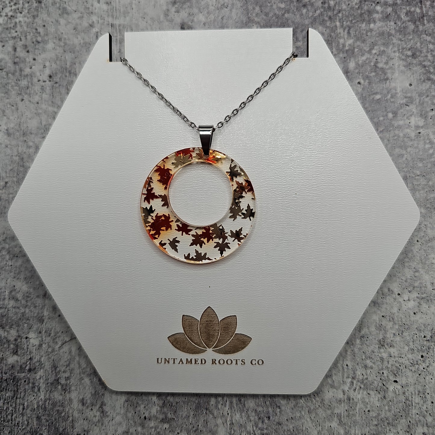 Large Offset Circle Golden Falling Leaves Necklace