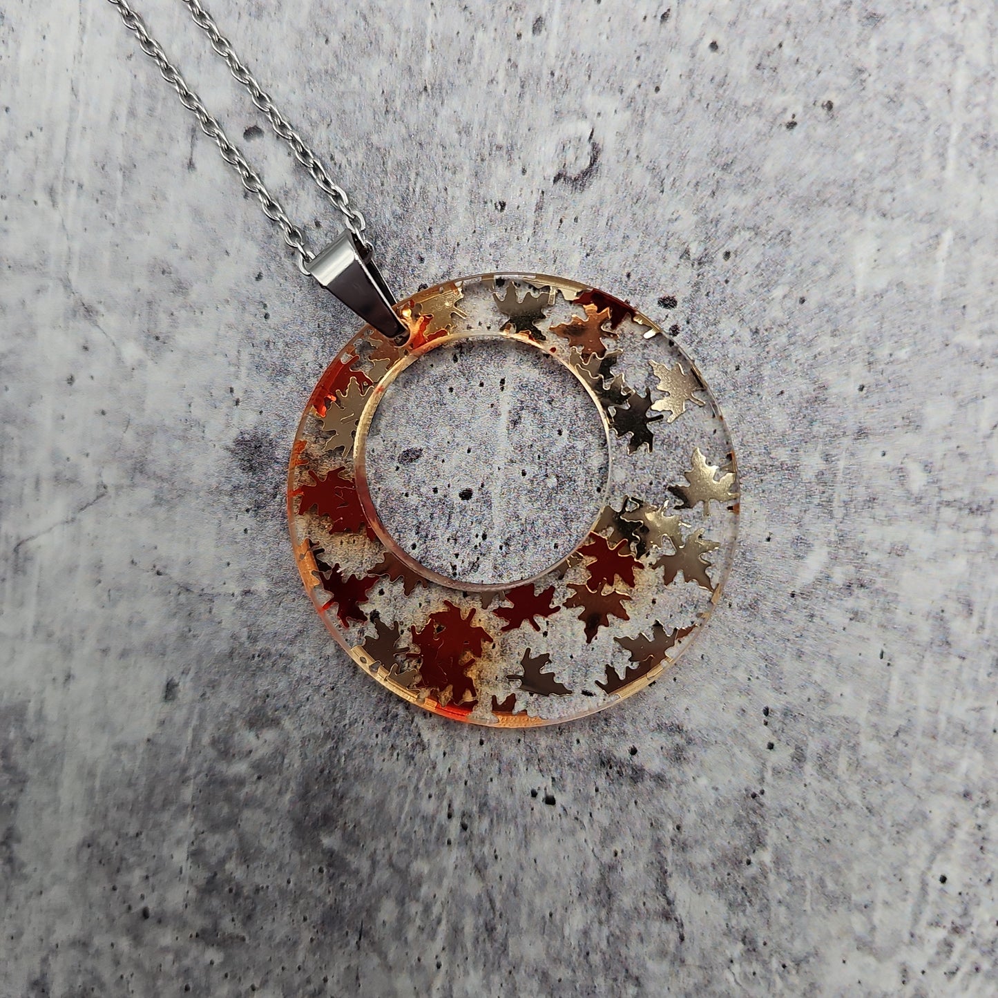 Large Offset Circle Golden Falling Leaves Necklace