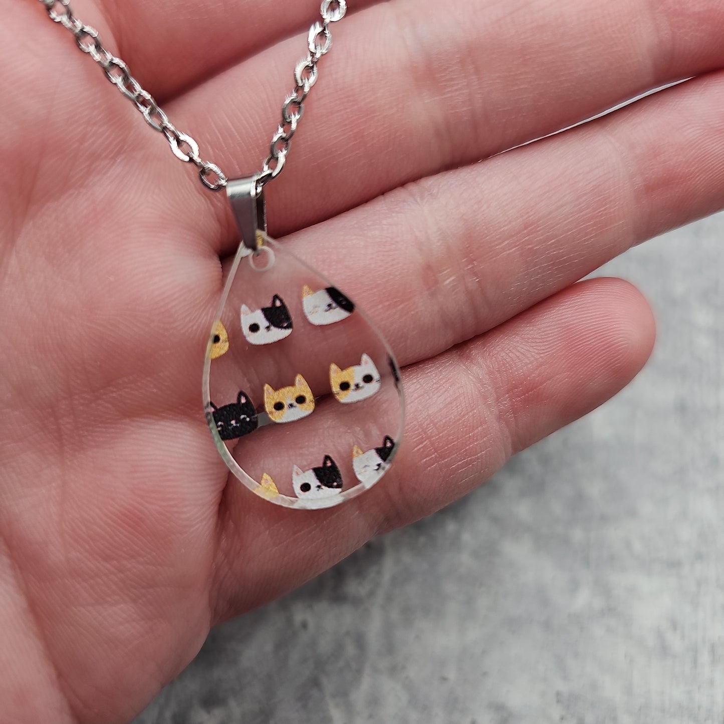 Small Teardrop Cat Head Print Necklace