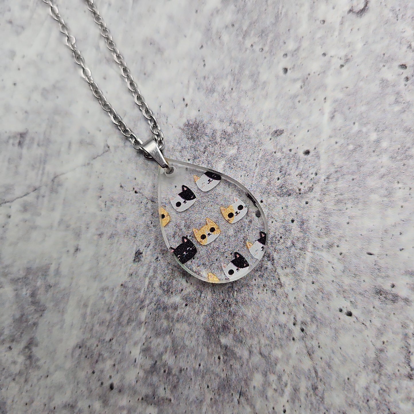 Small Teardrop Cat Head Print Necklace