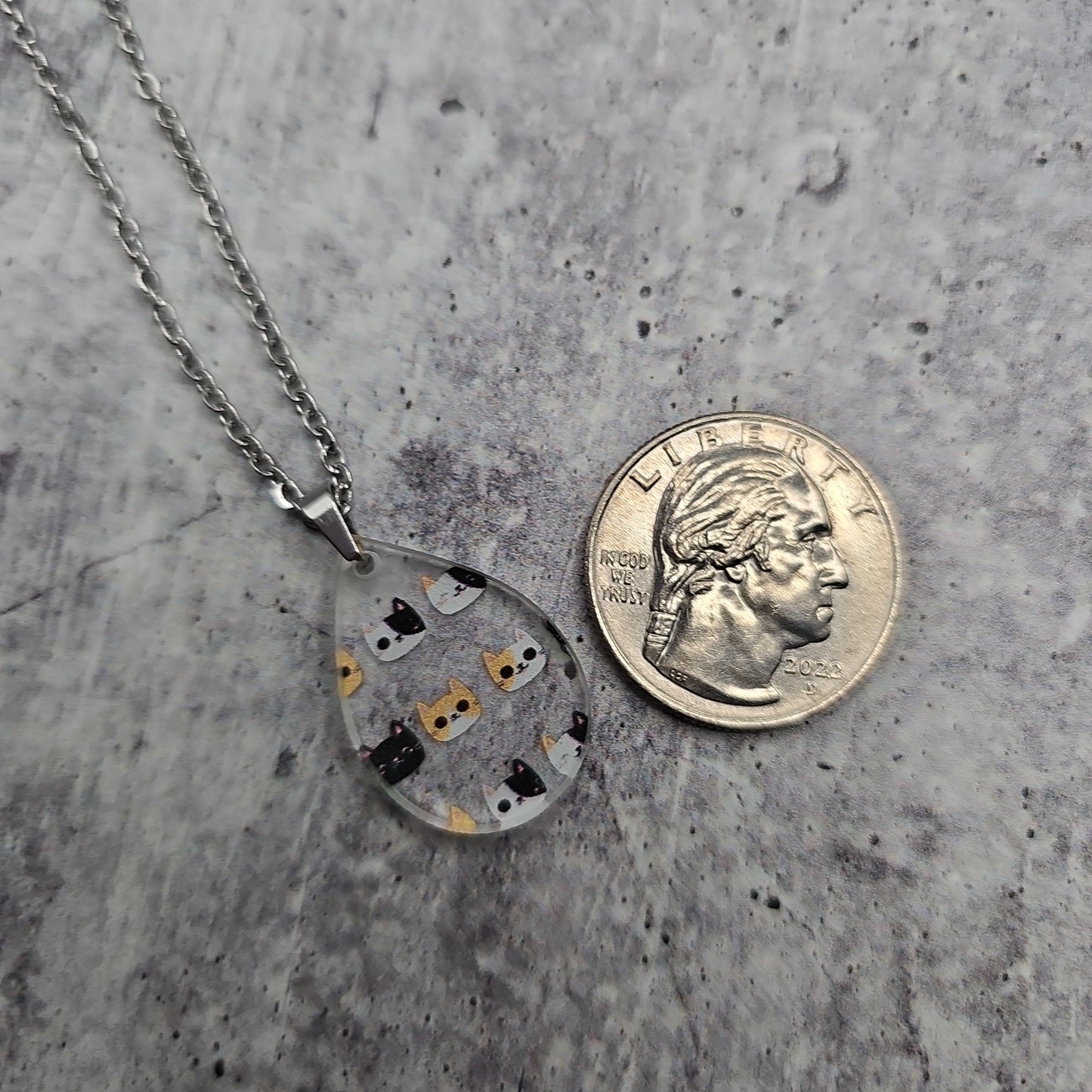 Small Teardrop Cat Head Print Necklace