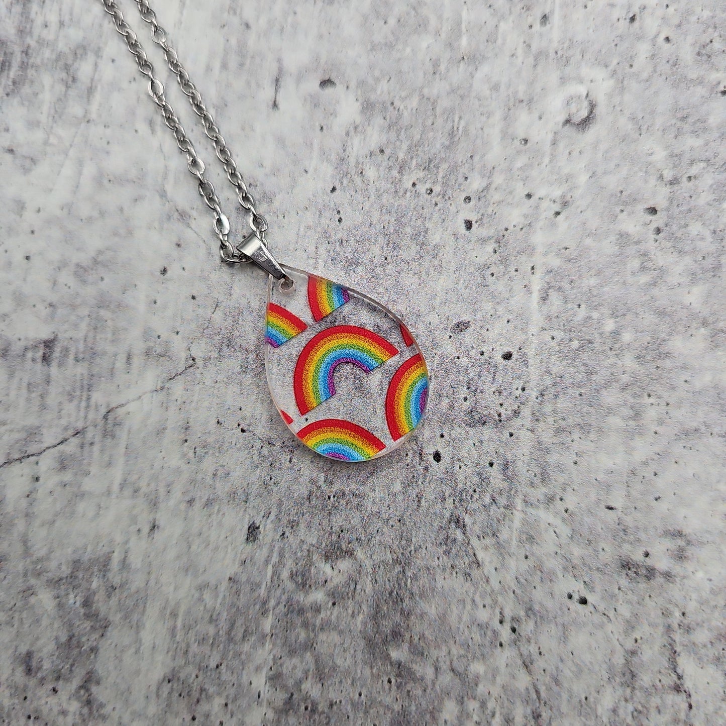 Small Teardrop Rainbow Print Necklace