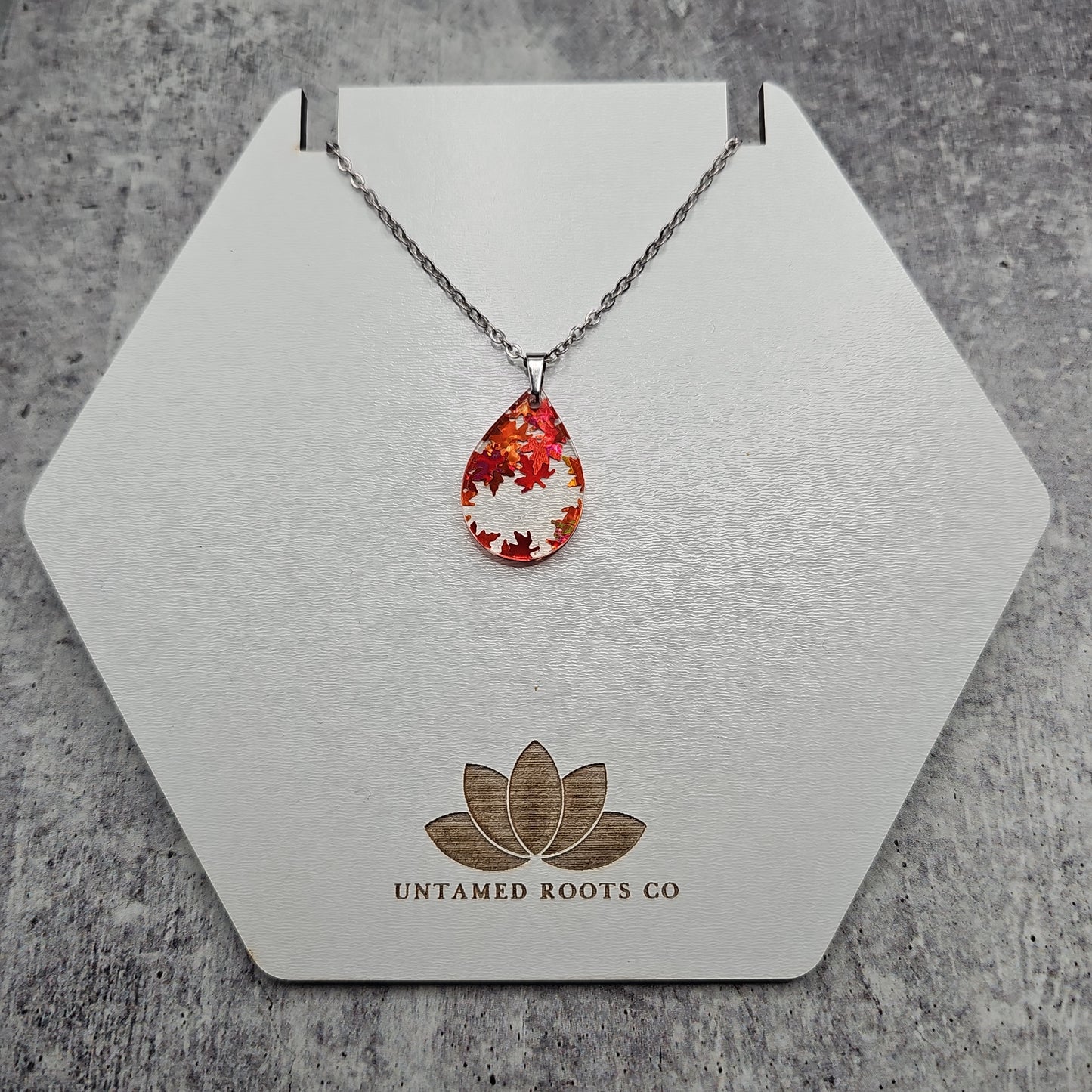 Small Teardrop Orange Falling Leaves Necklace