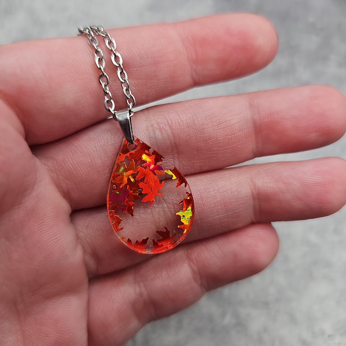 Small Teardrop Orange Falling Leaves Necklace