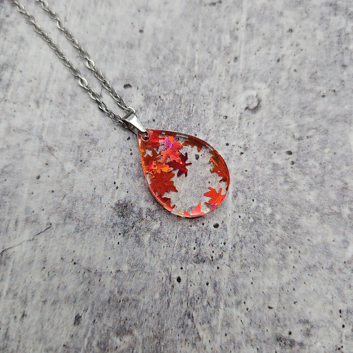 Small Teardrop Orange Falling Leaves Necklace