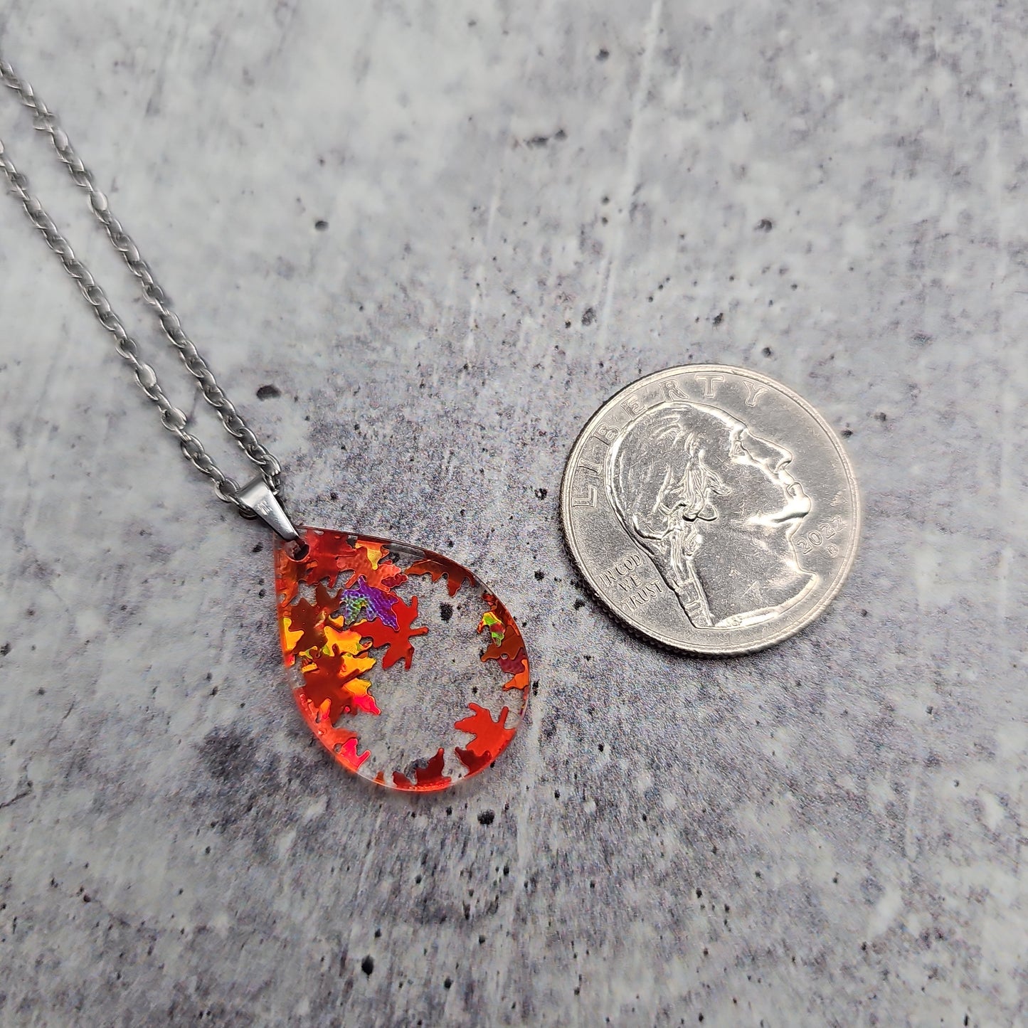 Small Teardrop Orange Falling Leaves Necklace