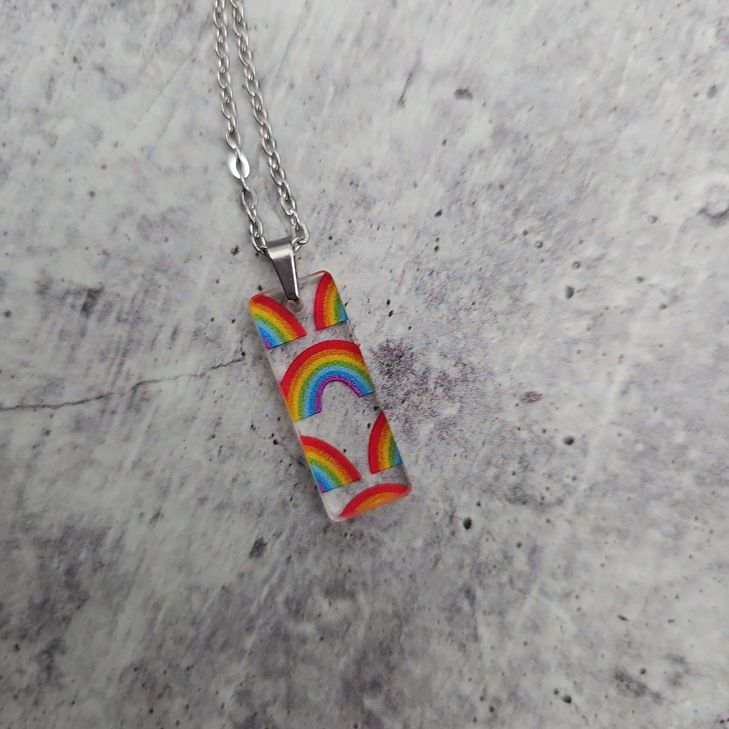 Small Rectangle Rainbow Print Necklace