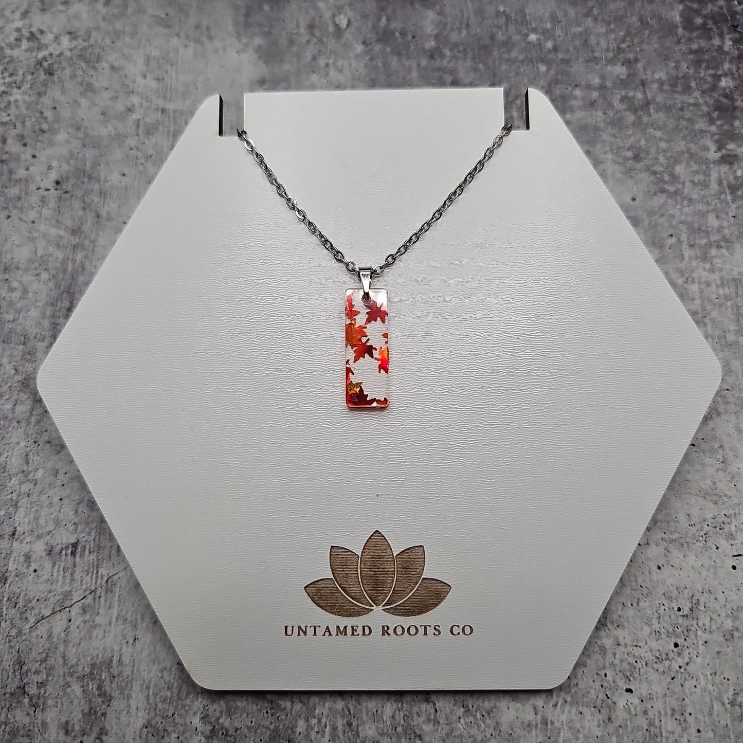 Small Rectangle Orange Falling Leaves Necklace