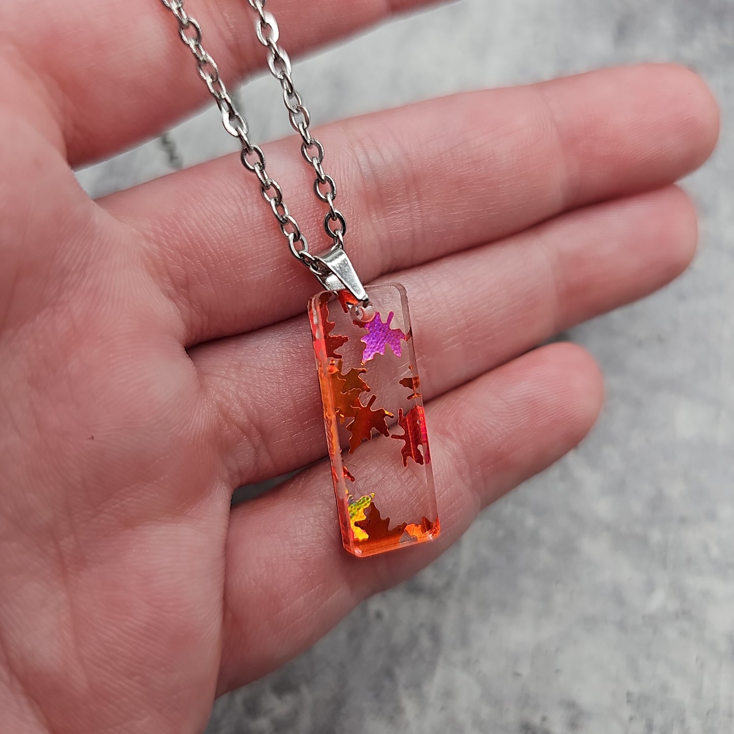 Small Rectangle Orange Falling Leaves Necklace