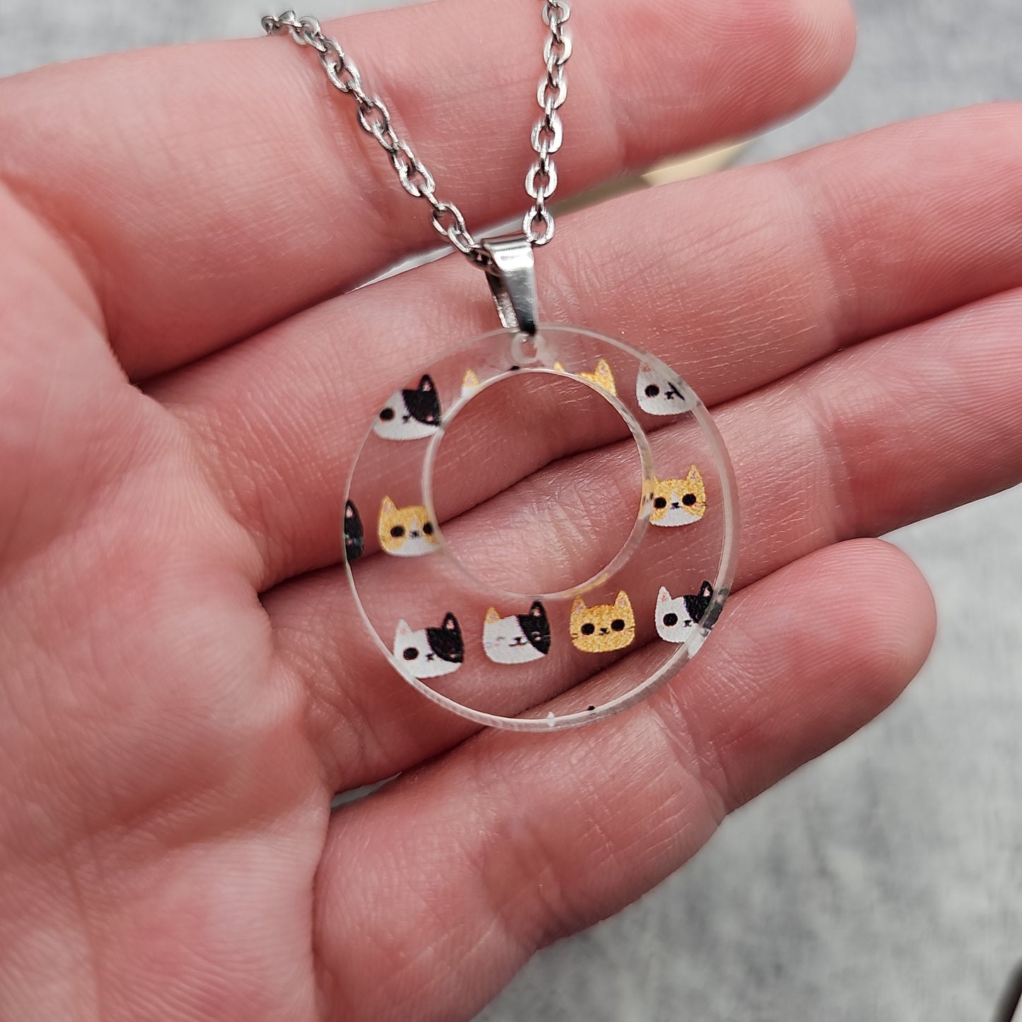 Small Offset Cat Head Print Necklace